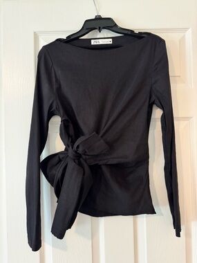 Zara Black Long Sleeve Side Tie Blouse